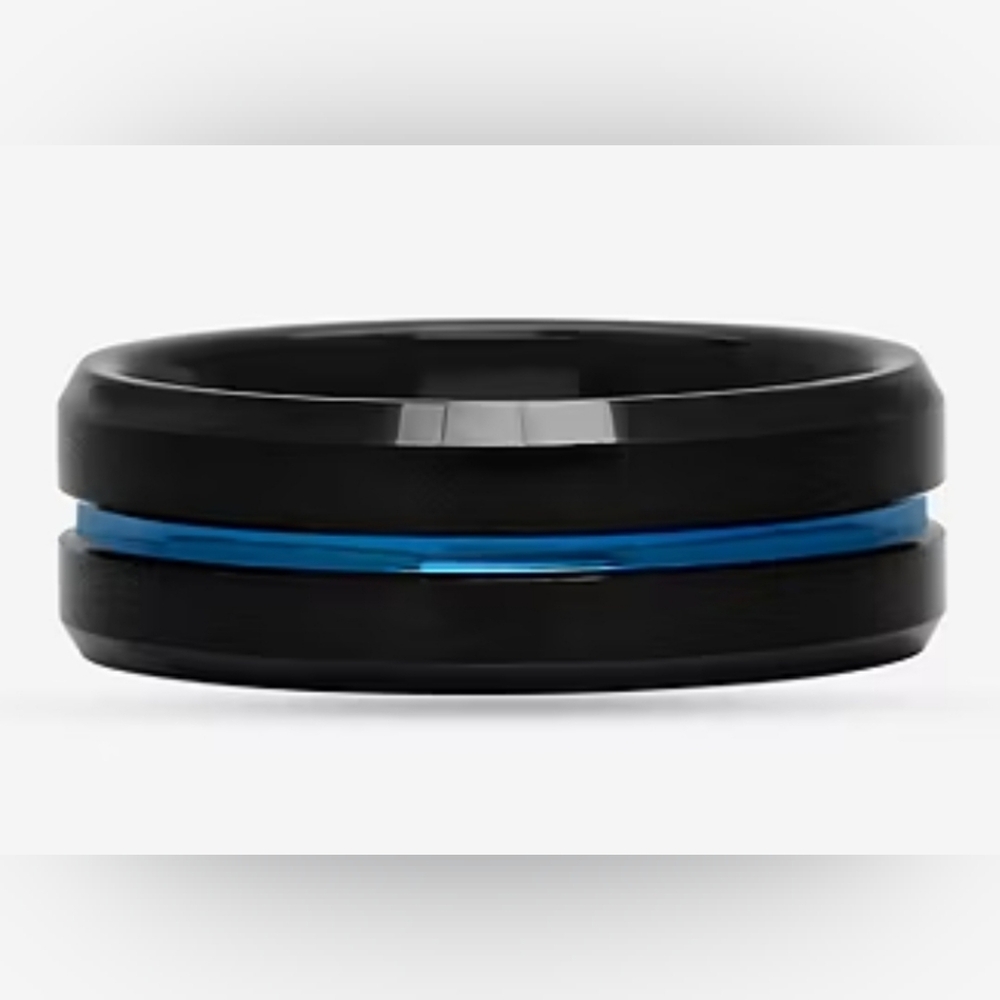 Mens Blk Tungsten w/blue IP wedding band